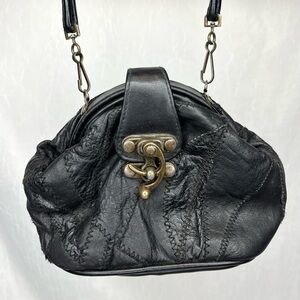 Vintage Black Leather Biker Patchwork Stitched Coin Purse Handbag Crossbody